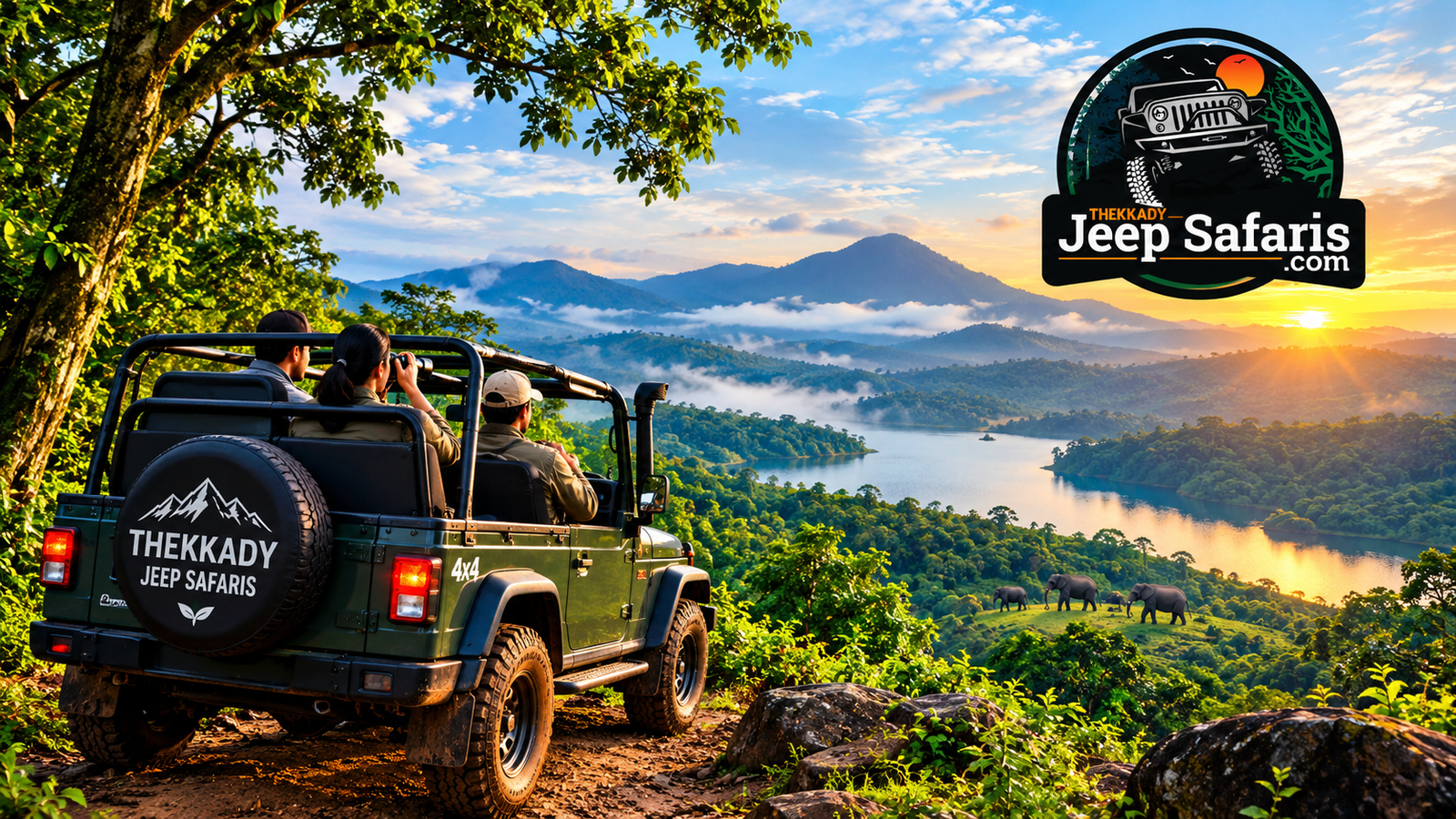 Jeep safari overlooking green hills and a lake